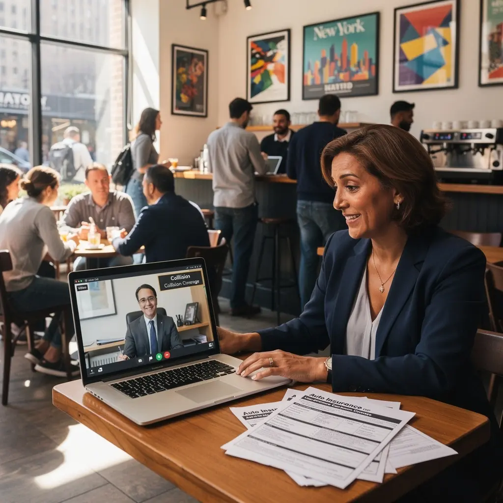 Kierowca rozważający ubezpieczenie od odpowiedzialności cywilnej, analizujący oferty na laptopie.