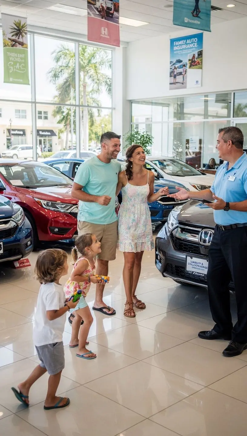 Zielony samochód osobowy zaparkowany obok znaku drogowym, symbolizującym ubezpieczenie od odpowiedzialności cywilnej.
